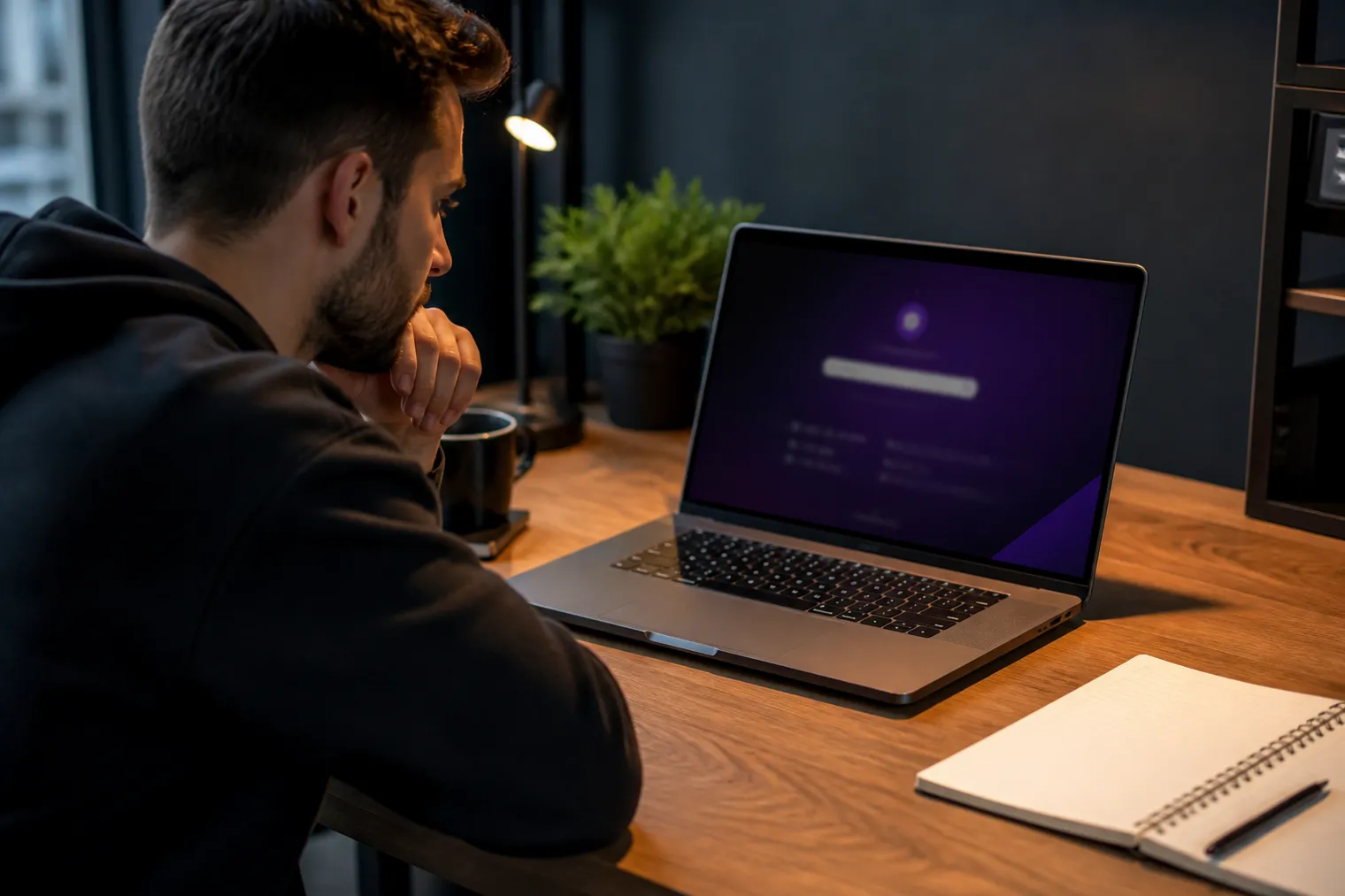 person using laptop in modern workspace