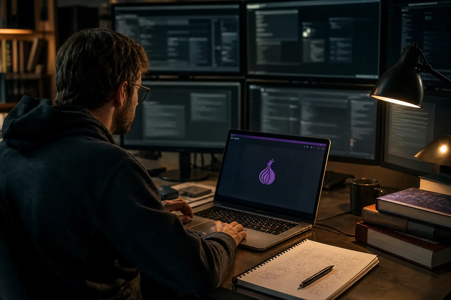 researcher exploring deep web sites on laptop