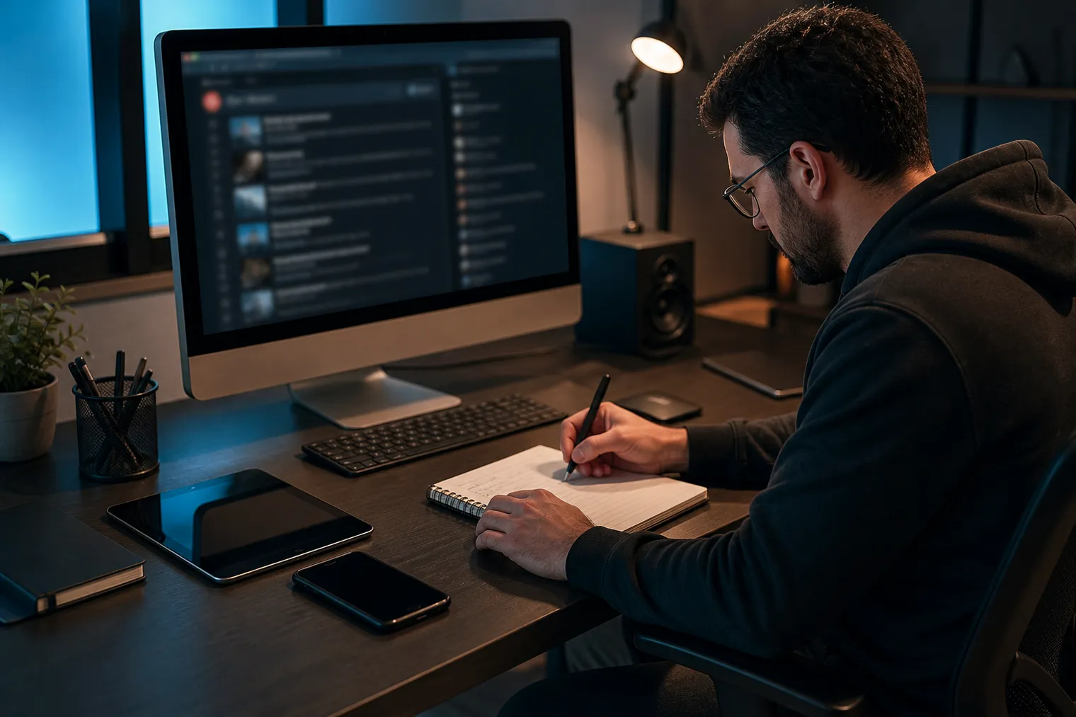 researcher at desktop studying dark web links